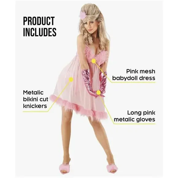 Morph 60s Pink Female Robot Costume Womens XS Babydoll Dress Gloves Pants - Picture 2 of 7